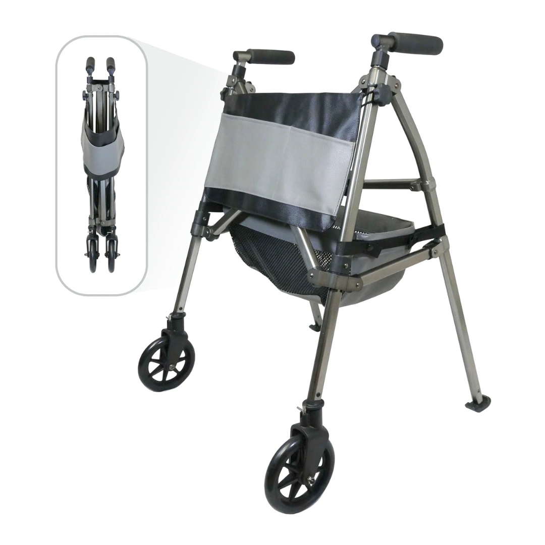 The Signature Life Elite Bariatric Travel Walker features four wheels, black handles, a gray seat, and an under-seat storage basket. An inset displays the compact folding design for easy transport or storage.